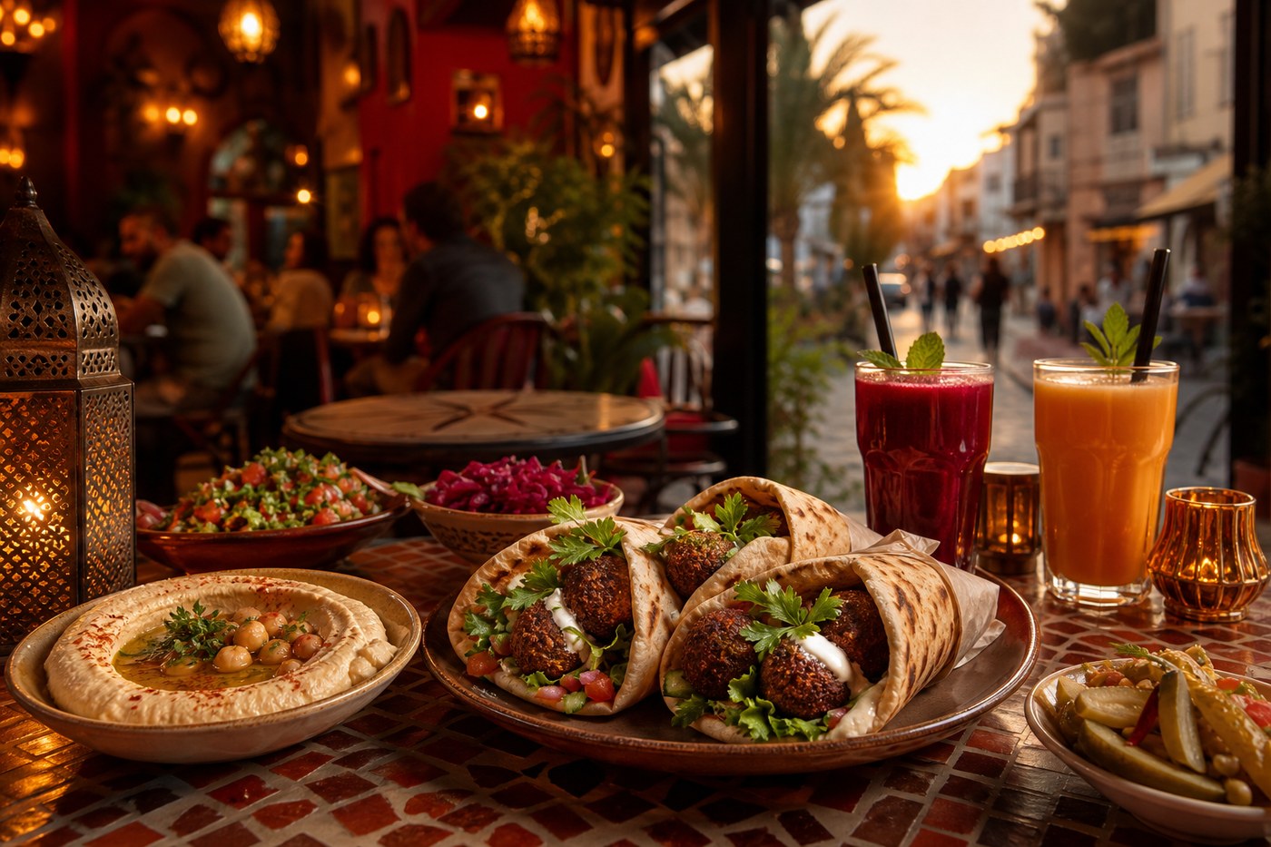 Table with falafel wraps and hummus
