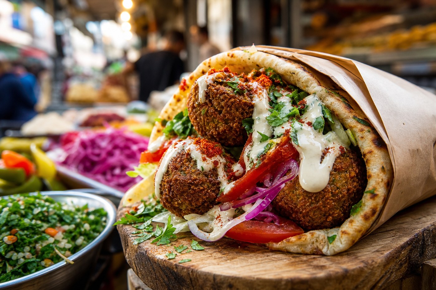 Golden falafel wrap with tahini and fresh vegetables