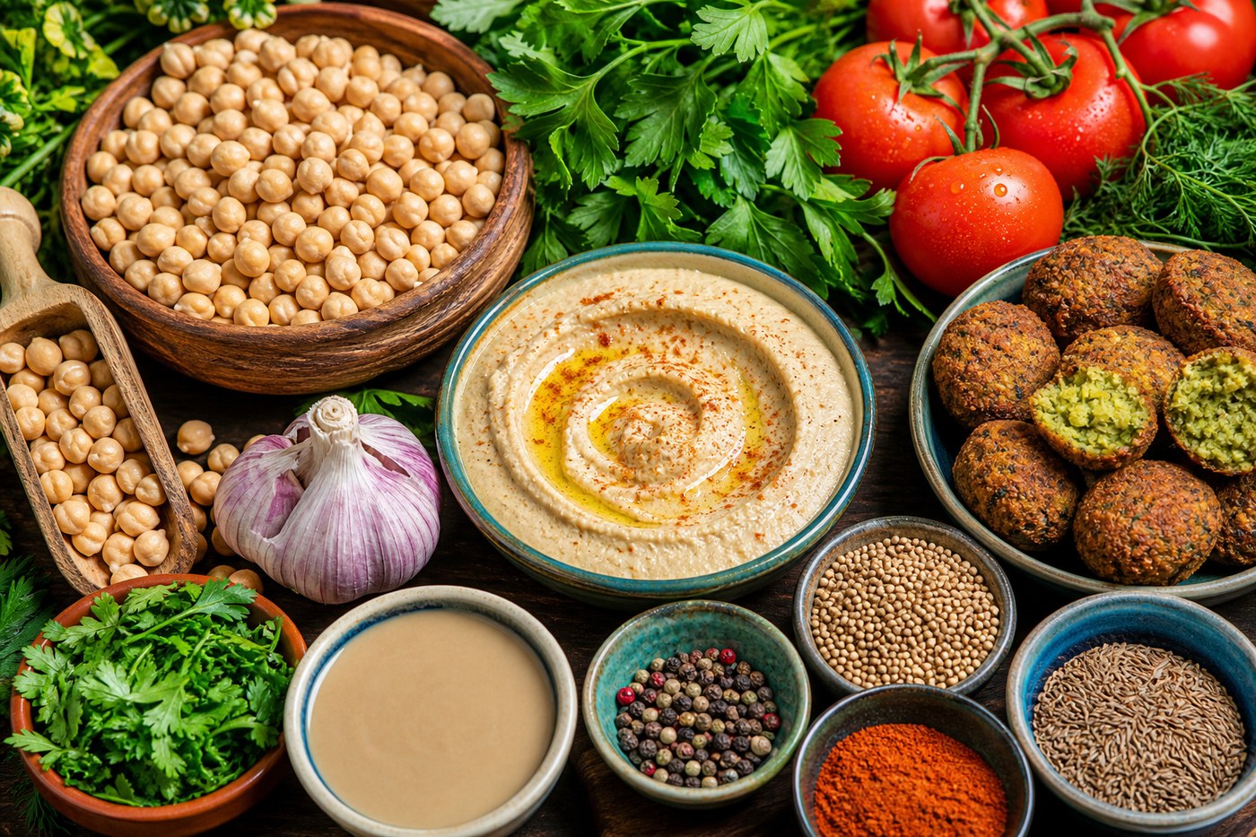 Fresh chickpeas, herbs and spices for falafel prep